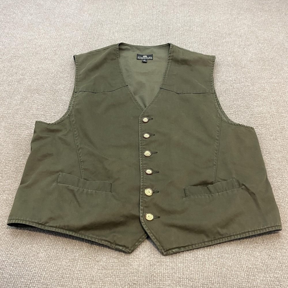 Vintage Structure Vest Mens XL Green Cotton Lined Button Front Buckle Back